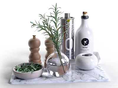Decorative Ornament Collection With Rosemary Glass Vase Wooden Grinders Olive Oil Bottle And Marble Tray 3d model