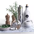 Decorative Ornament Collection With Rosemary Glass Vase Wooden Grinders Olive Oil Bottle And Marble Tray
