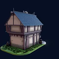 Charming Cartoon Timber Framed Cottage With Blue Windows Chimney Barrels Greenery And Stone Path
