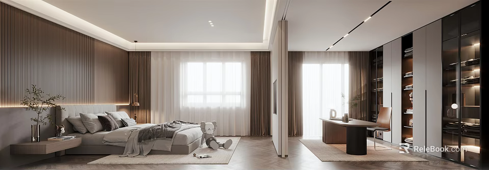Modern Bedroom Interior With Cozy Bed Curtains Large Window Stuffed Toy And Wooden Floor 3d model 