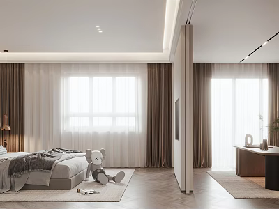 Modern Bedroom Interior With Cozy Bed Curtains Large Window Stuffed Toy And Wooden Floor 3d model