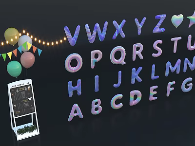 Colorful Alphabet Decorative Items With Balloons Bunting Flags And String Lights 3d model
