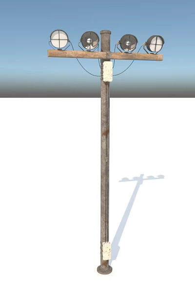Outdoor Lights On Vintage Metal Pole With Crossbar And Multiple Lamp Heads 3d model