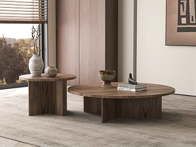Modern Walnut Coffee Tables In Living Room With Vase Bowl And Books 3d model