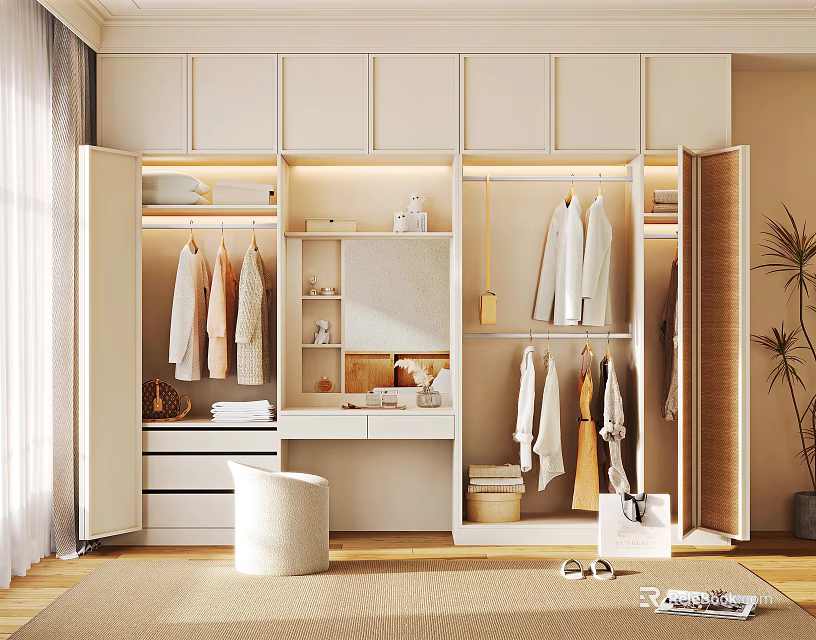 Modern Open Wardrobe Design With Hanging Clothes Drawers Mirror And Interior Lighting 3d model 