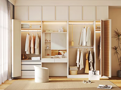 Modern Open Wardrobe Design With Hanging Clothes Drawers Mirror And Interior Lighting 3d model