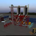 Industrial Equipment With Two White Silos Red Framework Staircase Conveyor And Blue Sky Background