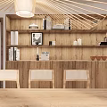 Wooden Restaurant Interior With Open Design Dining Table Chairs Pendant Light And Cabinets