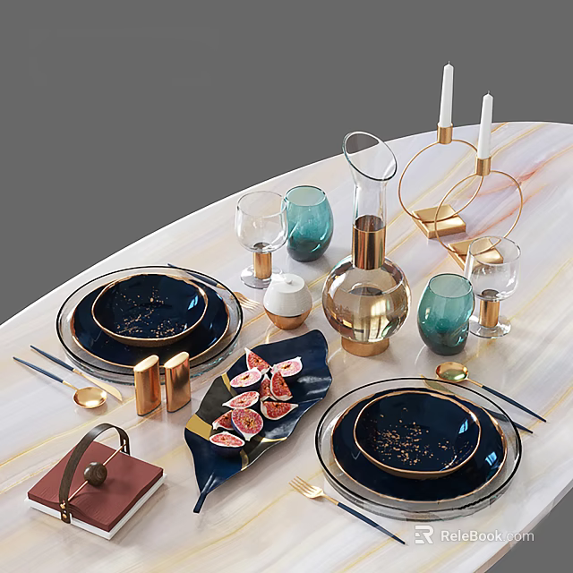 Elegant Modern Dinnerware Set With Blue Plates Gold Trim Glass Cups And Utensils 3d model 