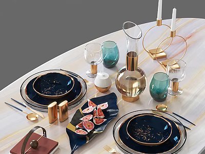 Elegant Modern Dinnerware Set With Blue Plates Gold Trim Glass Cups And Utensils 3d model