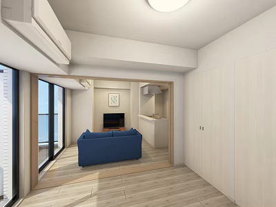 Modern Apartment Interior With Blue Sofa Large Windows Wooden Flooring And Storage Cabinets 3d model