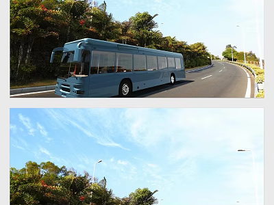 Blue Bus Driving on Road with Green Trees and Clear Blue Sky 3d model
