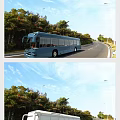 Blue Bus Driving on Road with Green Trees and Clear Blue Sky