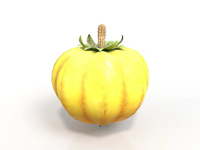 Fresh Yellow Striped Pumpkin With Green Leaves And Stem On White Background 3d model