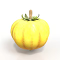 Fresh Yellow Striped Pumpkin With Green Leaves And Stem On White Background