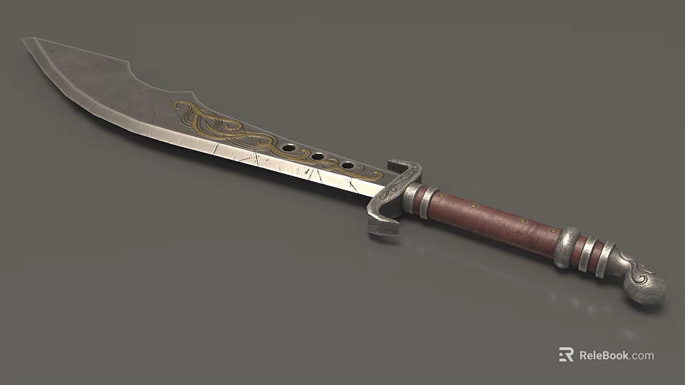 Scimitar Weapon Featuring Silver Blade Golden Patterns Brown Leather Handle And Metal Decorations 3d model 