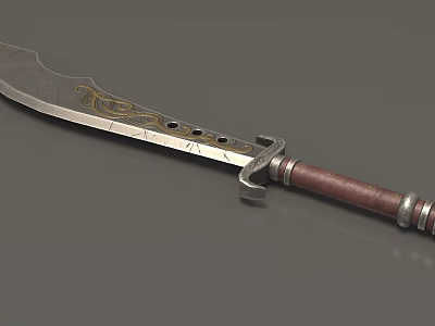 Scimitar Weapon Featuring Silver Blade Golden Patterns Brown Leather Handle And Metal Decorations 3d model