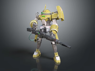 Smart Machine Yellow Mech Style Robot With Green Eyes Holding Gun 3d model