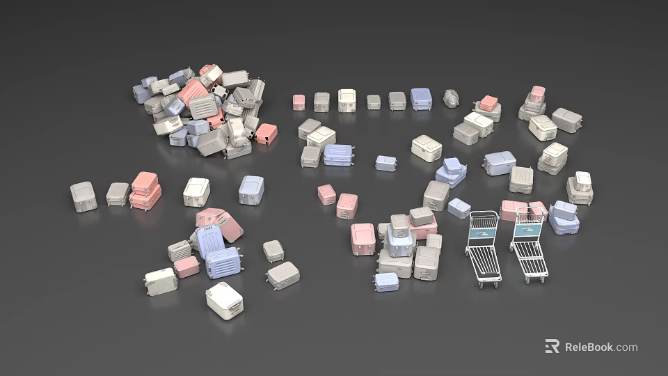 Various Colored Boxes In Different Sizes Scattered On Gray Background With Shopping Carts 3d model 