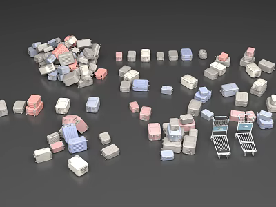 Various Colored Boxes In Different Sizes Scattered On Gray Background With Shopping Carts 3d model