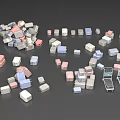 Various Colored Boxes In Different Sizes Scattered On Gray Background With Shopping Carts