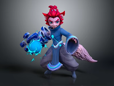 Fantasy Character With Fox Ears Tail Red Hair Blue Robe Holding Blue Magical Orb 3d model