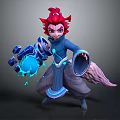 Fantasy Character With Fox Ears Tail Red Hair Blue Robe Holding Blue Magical Orb