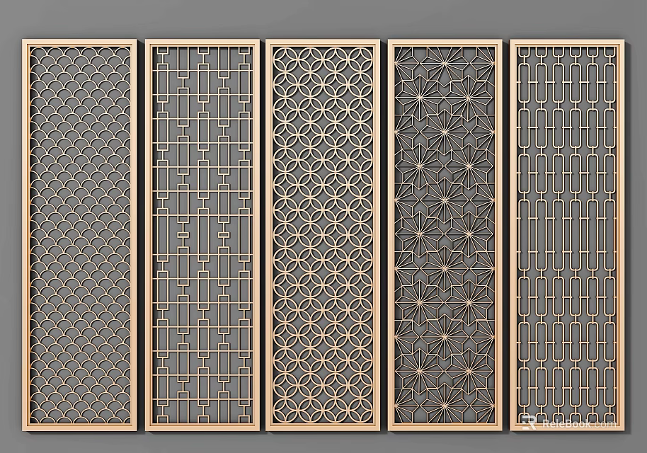 Modern Decorative Screen Panels With Intricate Geometric Openwork And Metal Frames 3d model