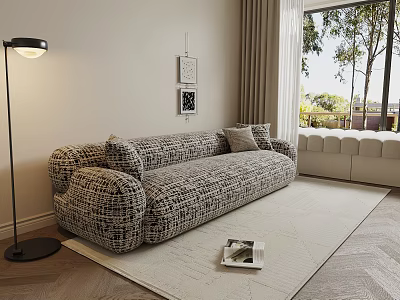 Comfortable Gray Textured Sectional Sofa in Bright Living Room with Floor Lamp and Wall Art 3d model