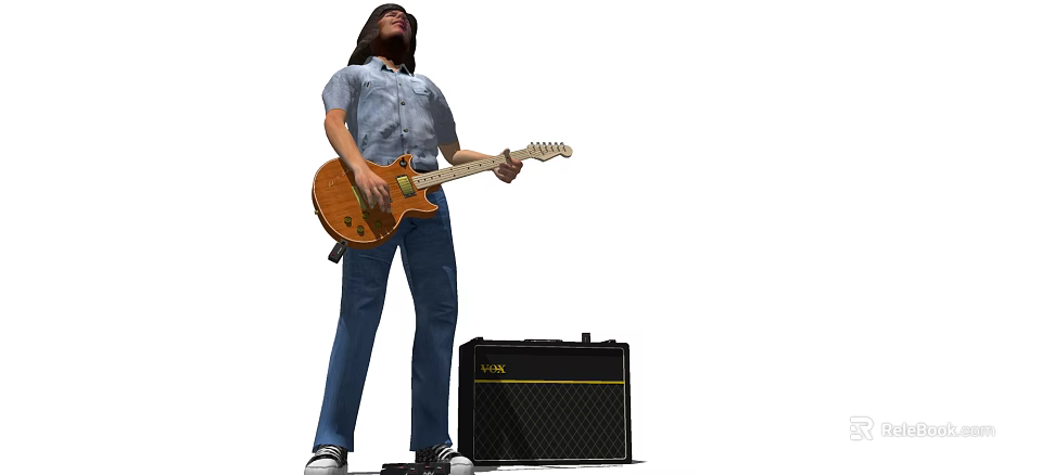 A Man Casually Playing Guitar In Blue Shirt And Jeans With Black Amplifier 3d model 