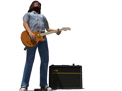 A Man Casually Playing Guitar In Blue Shirt And Jeans With Black Amplifier 3d model