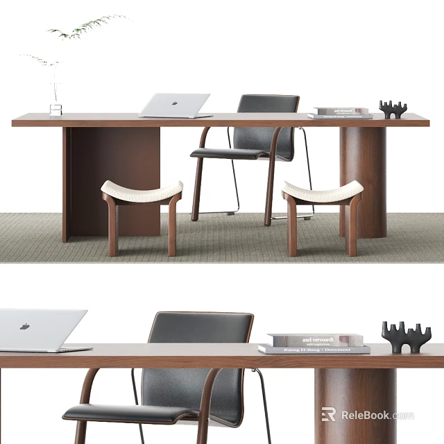 Modern Wooden Desk Interior With Laptop Books Chair And Decorative Stools 3d model 