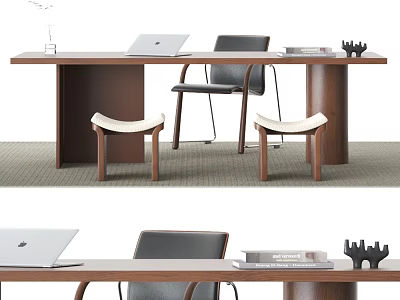 Modern Wooden Desk Interior With Laptop Books Chair And Decorative Stools 3d model