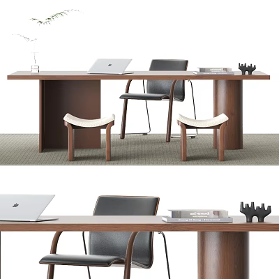 Modern Wooden Desk Interior With Laptop Books Chair And Decorative Stools 3d model