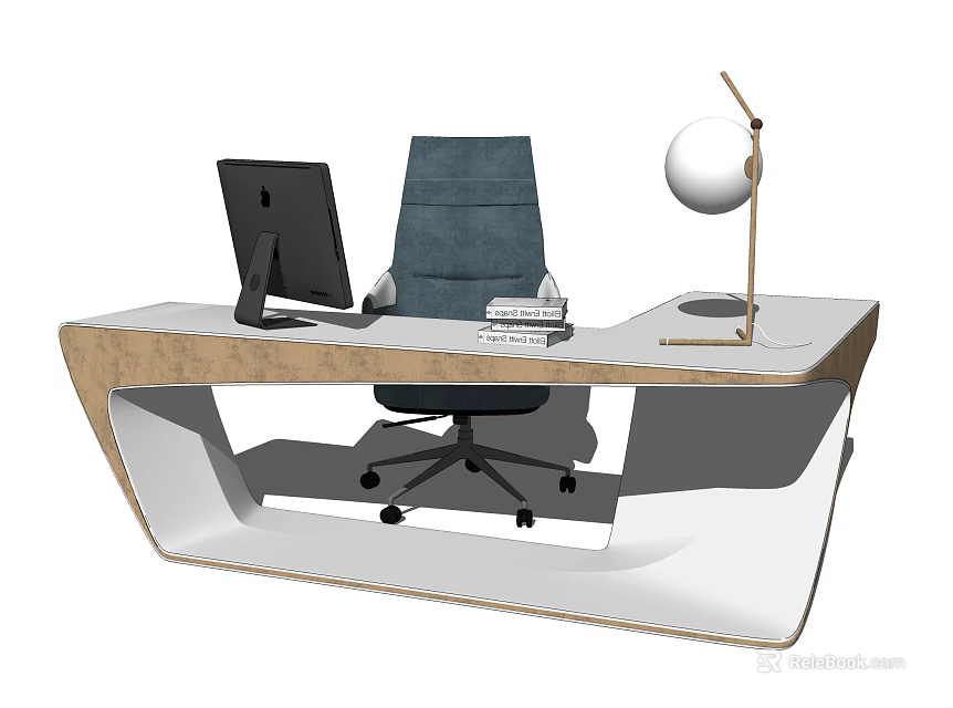 Modern Office Desk With Black Monitor Gray Chair Round Lamp Keyboard And Mouse 3d model 