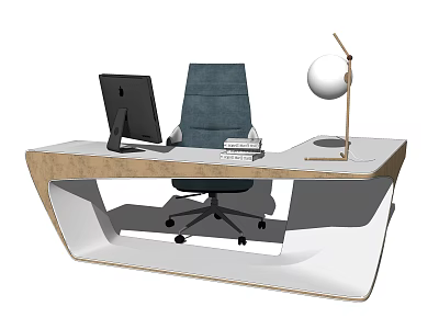 Modern Office Desk With Black Monitor Gray Chair Round Lamp Keyboard And Mouse 3d model