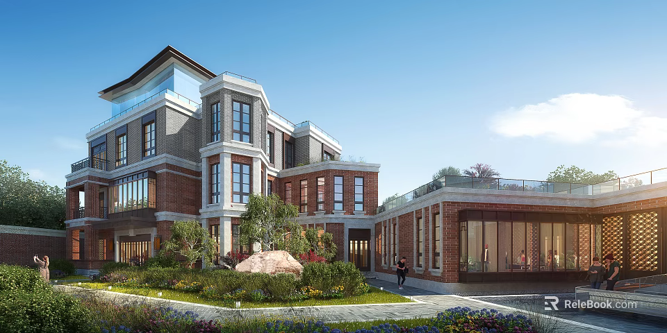 Modern Detached Villa Exterior Design With Red Brick Facade Large Windows And Landscaped Garden 3d model 