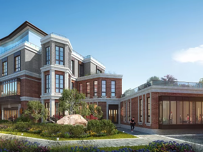 Modern Detached Villa Exterior Design With Red Brick Facade Large Windows And Landscaped Garden 3d model