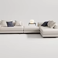 Beige Sectional Sofa With Multiple Decorative Pillows And Side Table Lamp 3d model