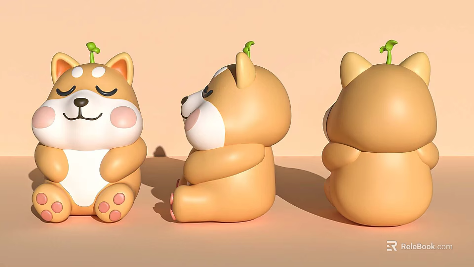 Cute Shiba Inu Decorative Figurine Set With Small Green Sprouts And Adorable Sitting Posture 3d model 
