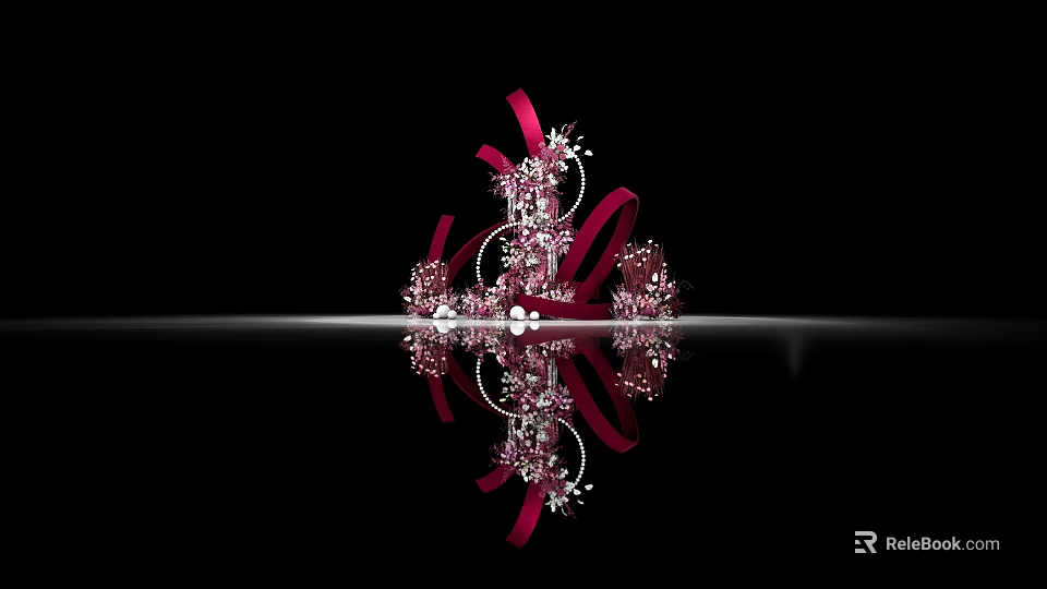 Crown Shaped Decorative Object With Red Ribbons Decorative Elements And Reflection On Black Background 3d model 