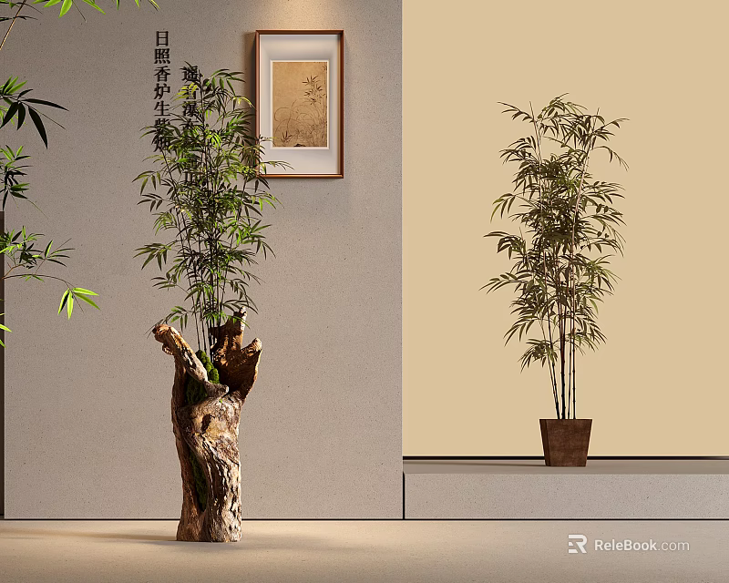 Indoor Decorative Bamboo Plants With Tree Stump Base And Potted Design 3d model 