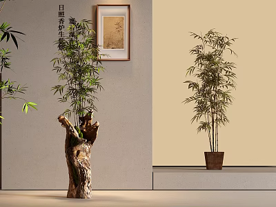 Indoor Decorative Bamboo Plants With Tree Stump Base And Potted Design 3d model