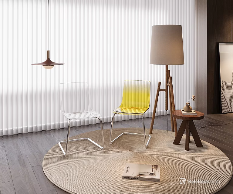 Modern Interior With Transparent And Yellow Acrylic Chairs White Blinds Floor Lamp And Round Rug 3d model 