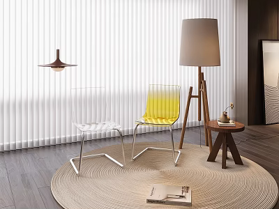 Modern Interior With Transparent And Yellow Acrylic Chairs White Blinds Floor Lamp And Round Rug 3d model