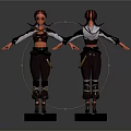 3D Female Character Model Front Back View With Braided Hair Tactical Costume On Black Base