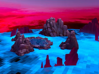Cartoon Scene With Vibrant Blue Water Rocky Islands And Pink Sky Clouds 3d model