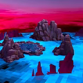 Cartoon Scene With Vibrant Blue Water Rocky Islands And Pink Sky Clouds