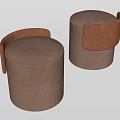 Set of Two Brown Upholstered Sofa Stools with Round Seat and Backrest