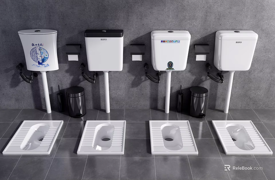 Squat Toilets With Water Tanks Black Trash Bins On Gray Wall And Tiled Floor 3d model 